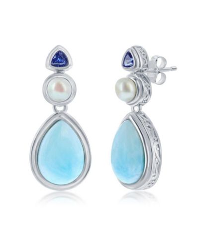 Sterling Silver Pearshaped Larimar with FWP & Tanzanite CZ Earrings