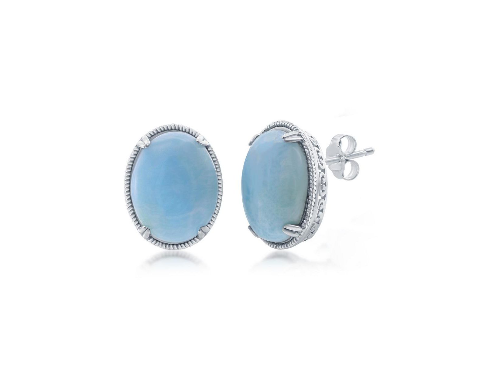 Sterling Silver Oval Larimar Filigree Design Stud Earrings