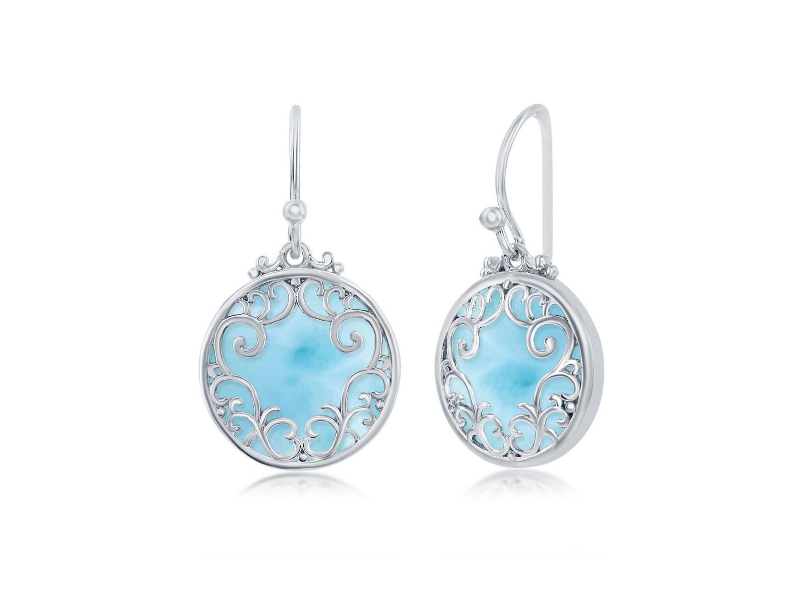 Sterling Silver Round Larimar Filigree Designed Earrings