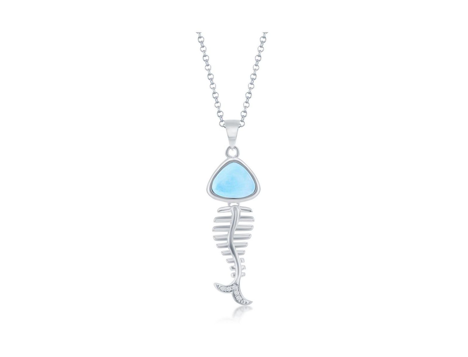 Ожерелье Sterling Silver Larimar and CZ Fish Skeleton