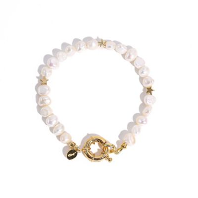 18K Gold Plated Freshwater Pearl with Star and Pearl Twinkie - Twinkie Bracelet 8" For Women and Girls