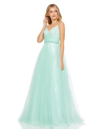 Women's V Neck Mesh Back Detail Ball Gown