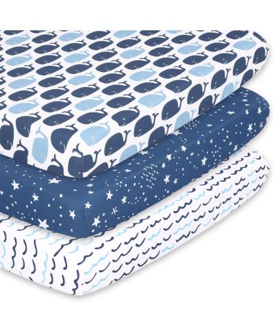 Набор простыней The Peanutshell Pack n Play, Mini Crib, Portable Crib или Fitted Playard для мальчиков, 3 шт, Navy, White и Blue Nautical Print