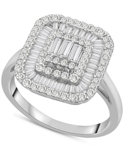 Wrapped in Love™ Diamond Round & Baguette Square Halo Cluster Ring (1 ct. t.w.) in 14k White Gold, Created for Macy's
