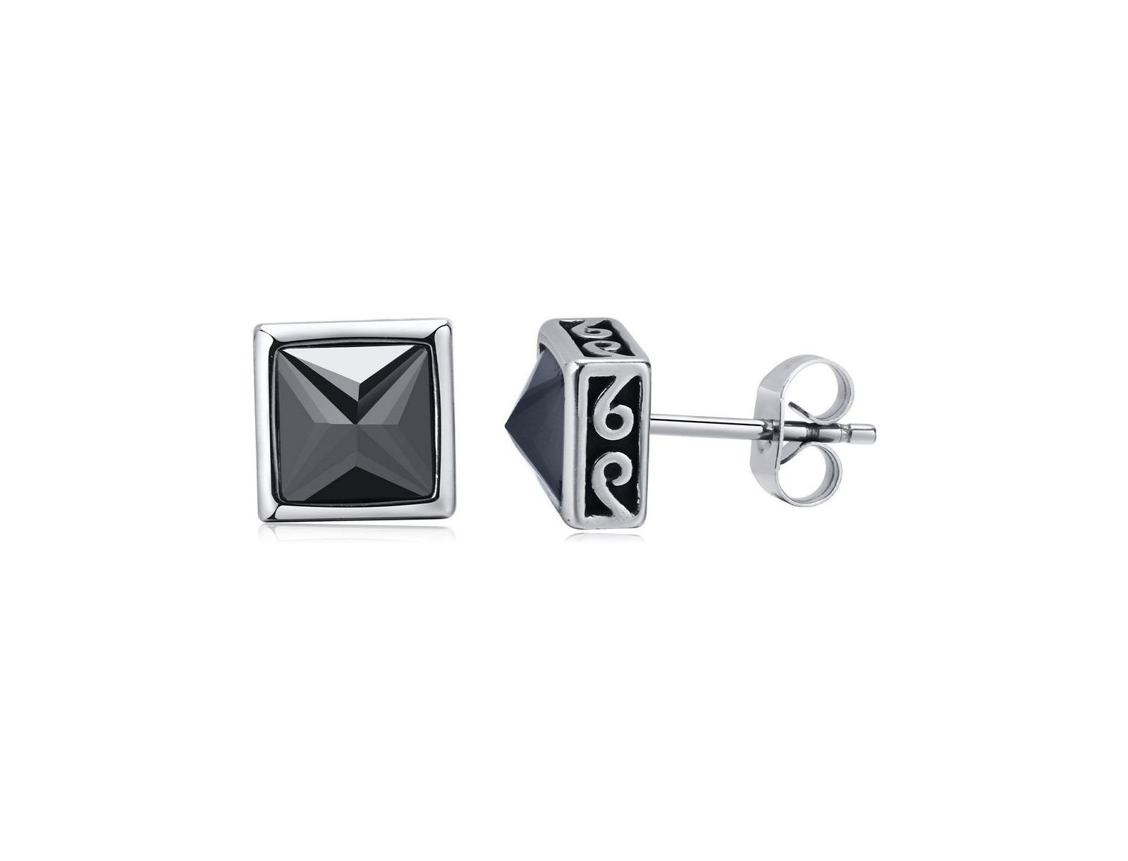 Stainless Steel Black CZ Greek Border Design Square Stud Earrings