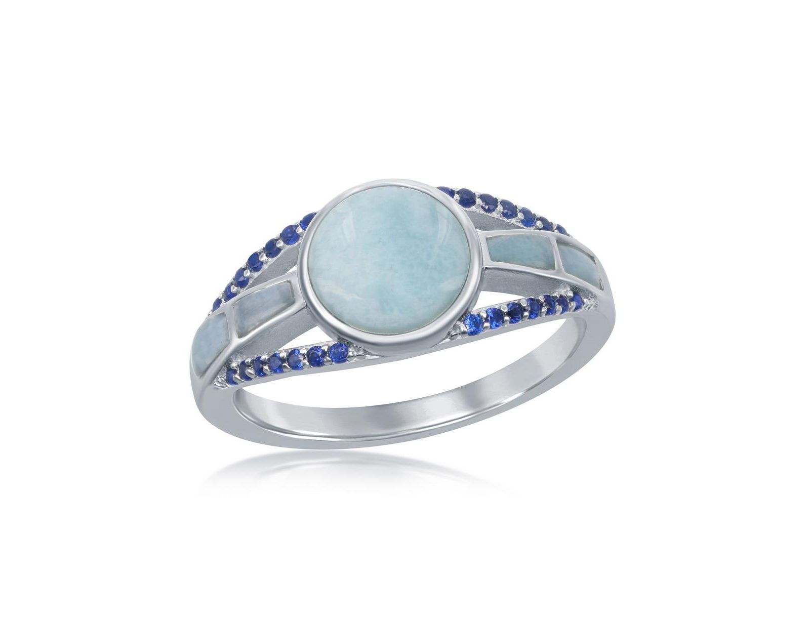 Sterling Silver Round Larimar Open Shank Sapphire CZ Ring
