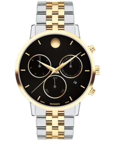Мужские часы Movado Museum Classic Swiss Quartz Chrono двухцветные из нержавеющей стали и Light Yellow PVD, 42mm