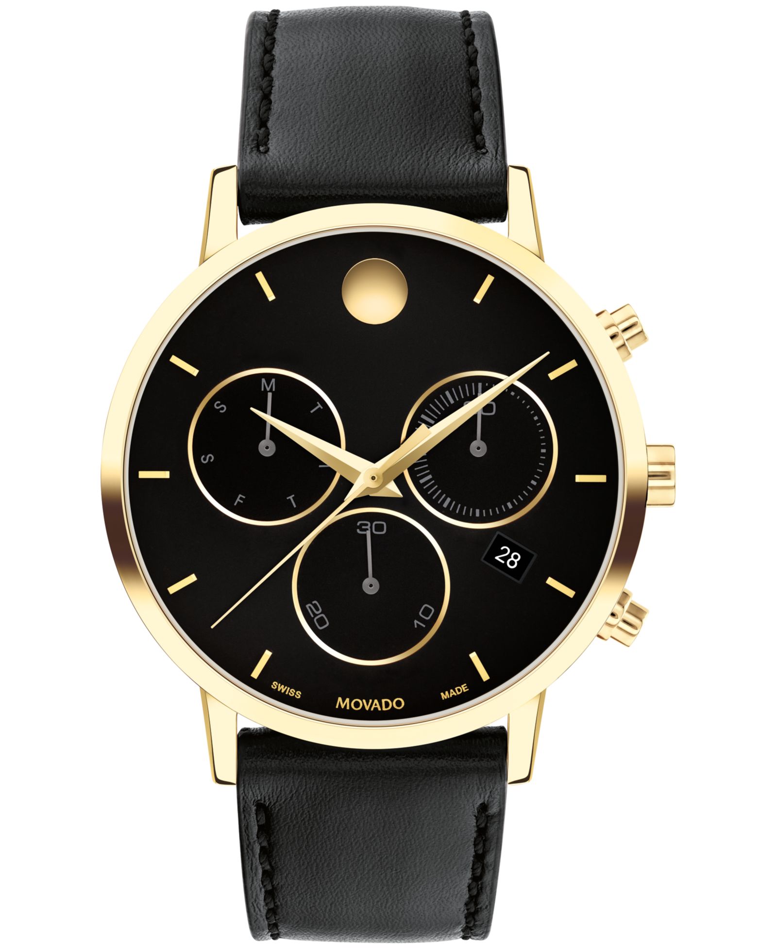 Часы Movado Museum Classic, швейцарский кварцевый механизм, хронограф, черная кожа, 42mm, Мужские