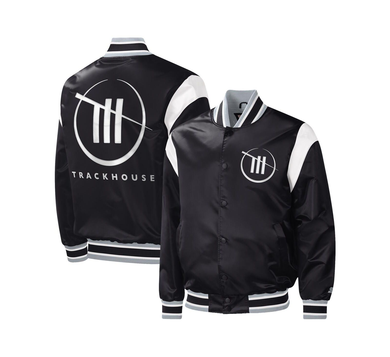 Men's Starter Black TRACKHOUSE RACING Force Play Full-Snap Varsity Jacket