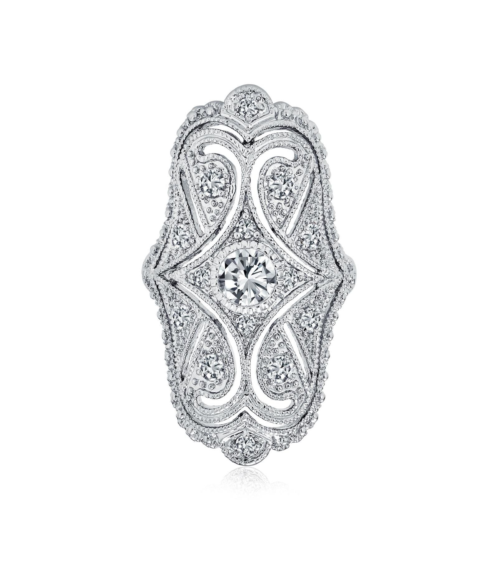 Bling Jewelry Art Deco Antique Style CZ Wide Armor Full Finger Statement Ring Rhodium