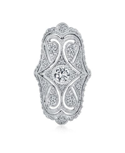 Bling Jewelry Art Deco Antique Style CZ Wide Armor Full Finger Statement Ring Rhodium