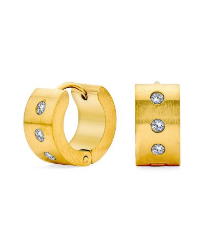 Bling Jewelry Wide CZ Accent Huggies Mini Hoop Earrings Gold Tone Stainless Steel Hinge