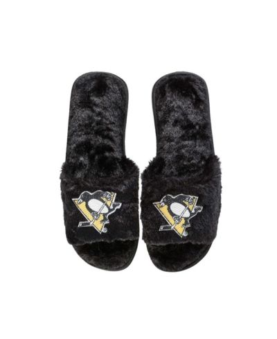 Женские пушистые тапочки FOCO Black Pittsburgh Penguins с пайетками