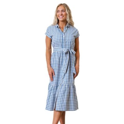 Hope & Henry Women's Hope and Henry Short Sleeve Button Front Tiered Maxi Dress with Waist Sash