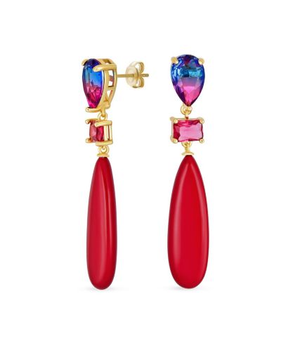 Bling Jewelry Серьги-подвески 3-х ярусные радужные розовые CZ с бирюзой 14K Gold Plated