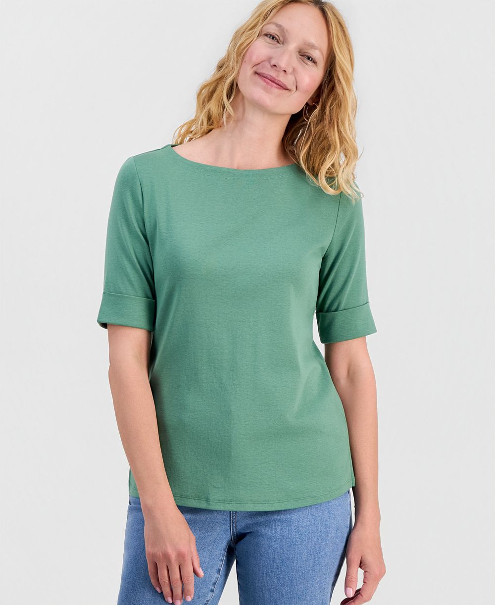 Style & Co Women's Boat-Neck Elbow Sleeve Cotton Top, Exclusively at Macy's