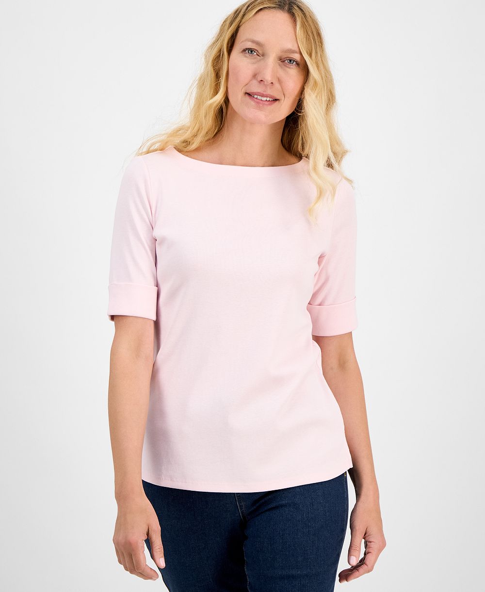 Женский хлопковый топ с вырезом лодочкой и коротким рукавом Style & Co