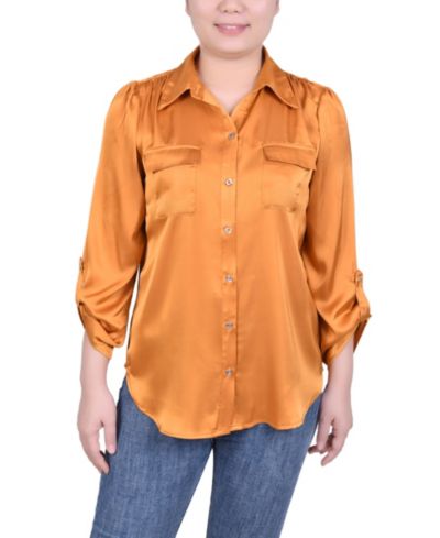 NY Collection Petite Атласная блузка с длинными рукавами и разрезом на пуговицах