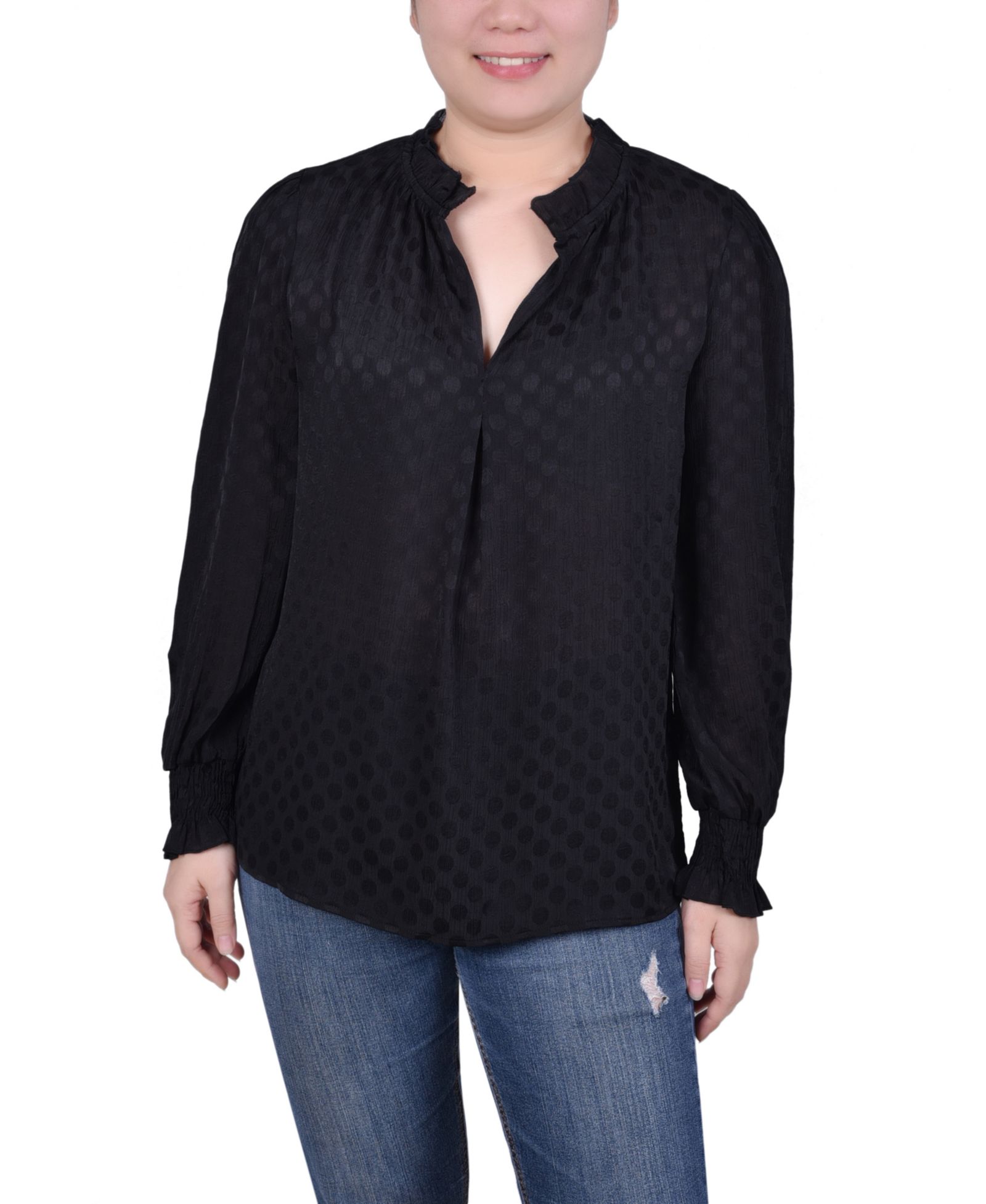 NY Collection Petite Long Sleeve Smocked Cuff Blouse