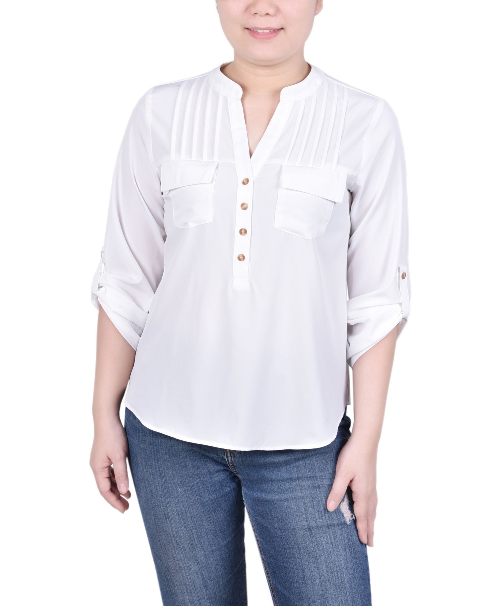 NY Collection Petite Long Tab-Sleeve Blouse with Pockets