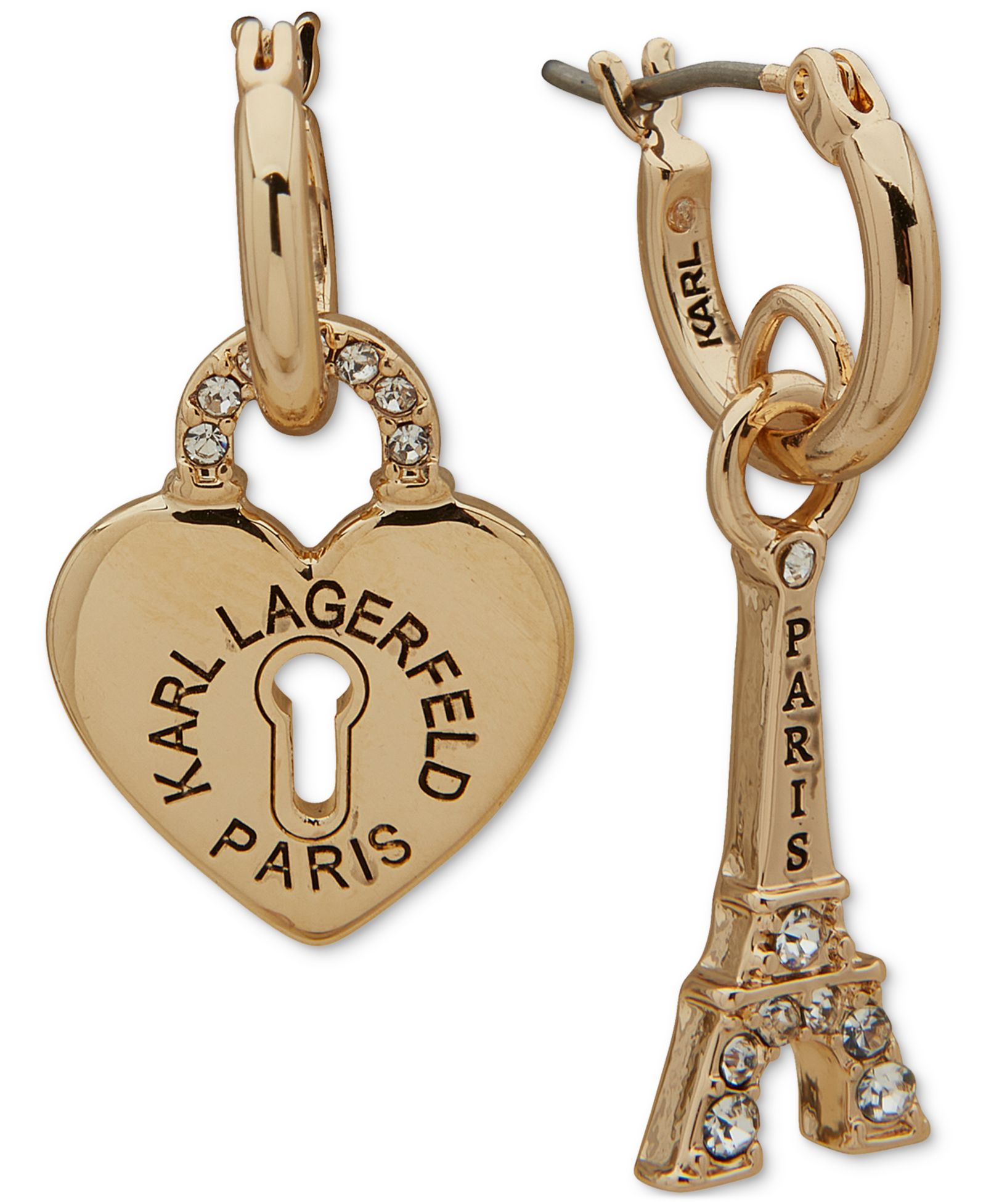 Серьги-кольца KARL LAGERFELD PARIS Gold-Tone Pavé Heart Padlock & Eiffel Towel Mismatch Charm Hoop