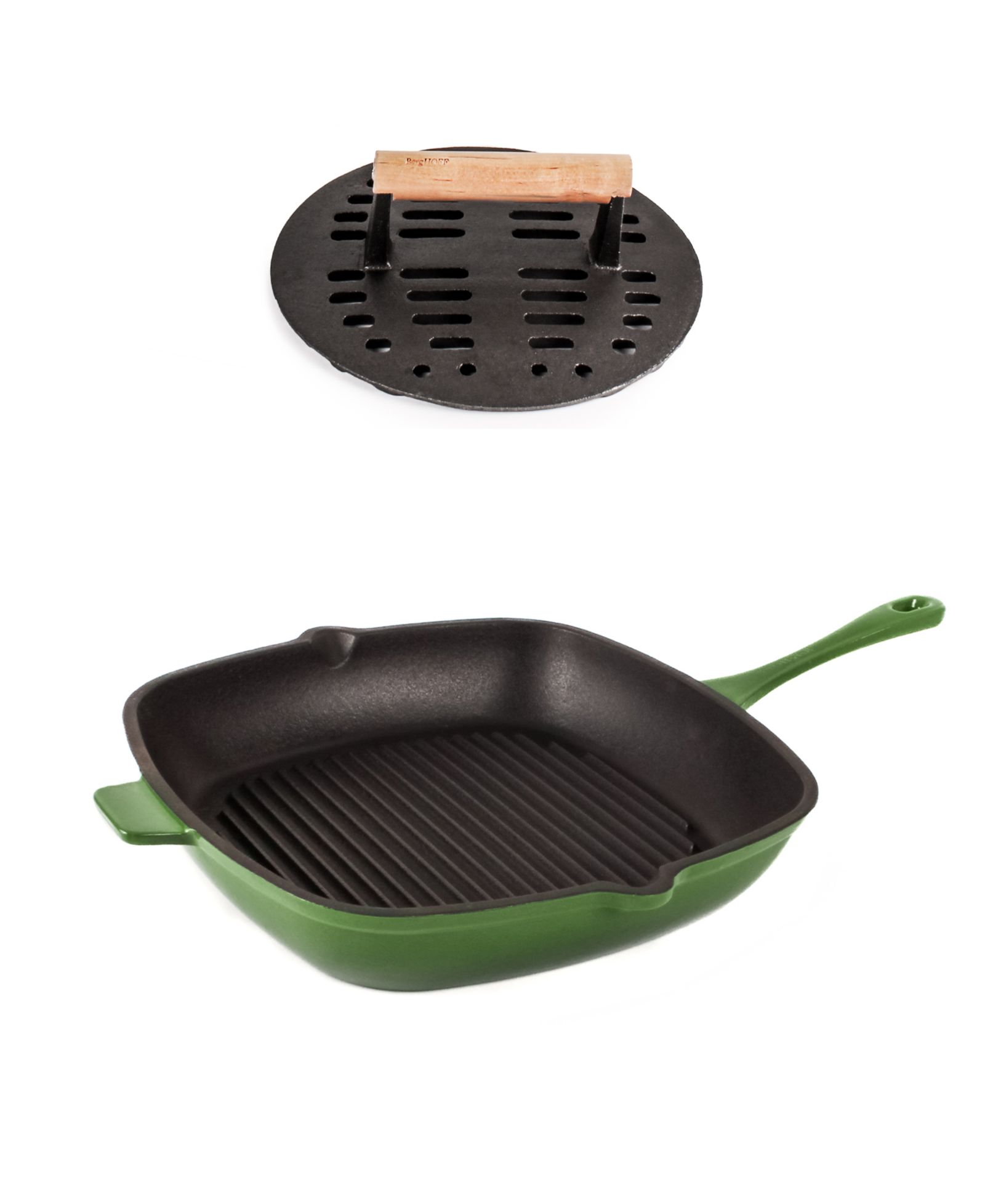 BergHOFF Cast Iron Grill Pan with Slotted Steak Press - Neo Collection, 11", 2-Piece Set