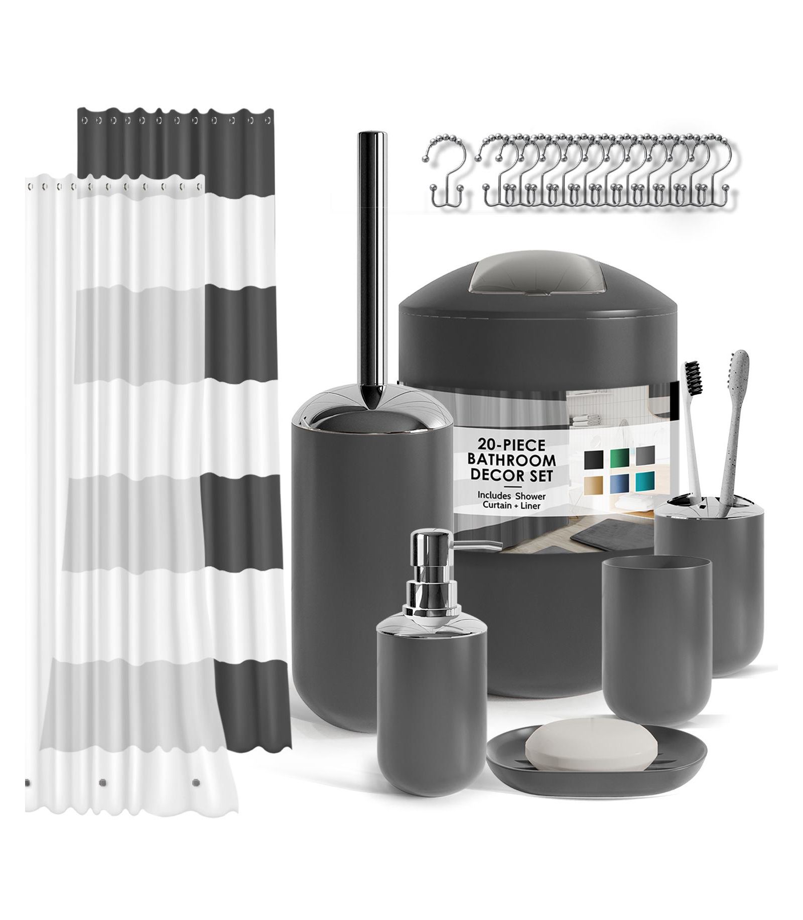 Набор аксессуаров для ванной Clara Clark, 20Piece Shower Curtain Set с мыльницей, держателем для зубных щеток и мусорным ведром