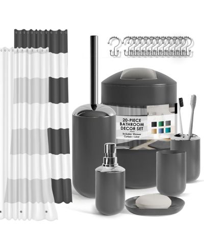 Clara Clark Bathroom Accessories Set, 20Piece Shower Curtain Set with Soap Dish, Toothbrush Holder & Trash Can