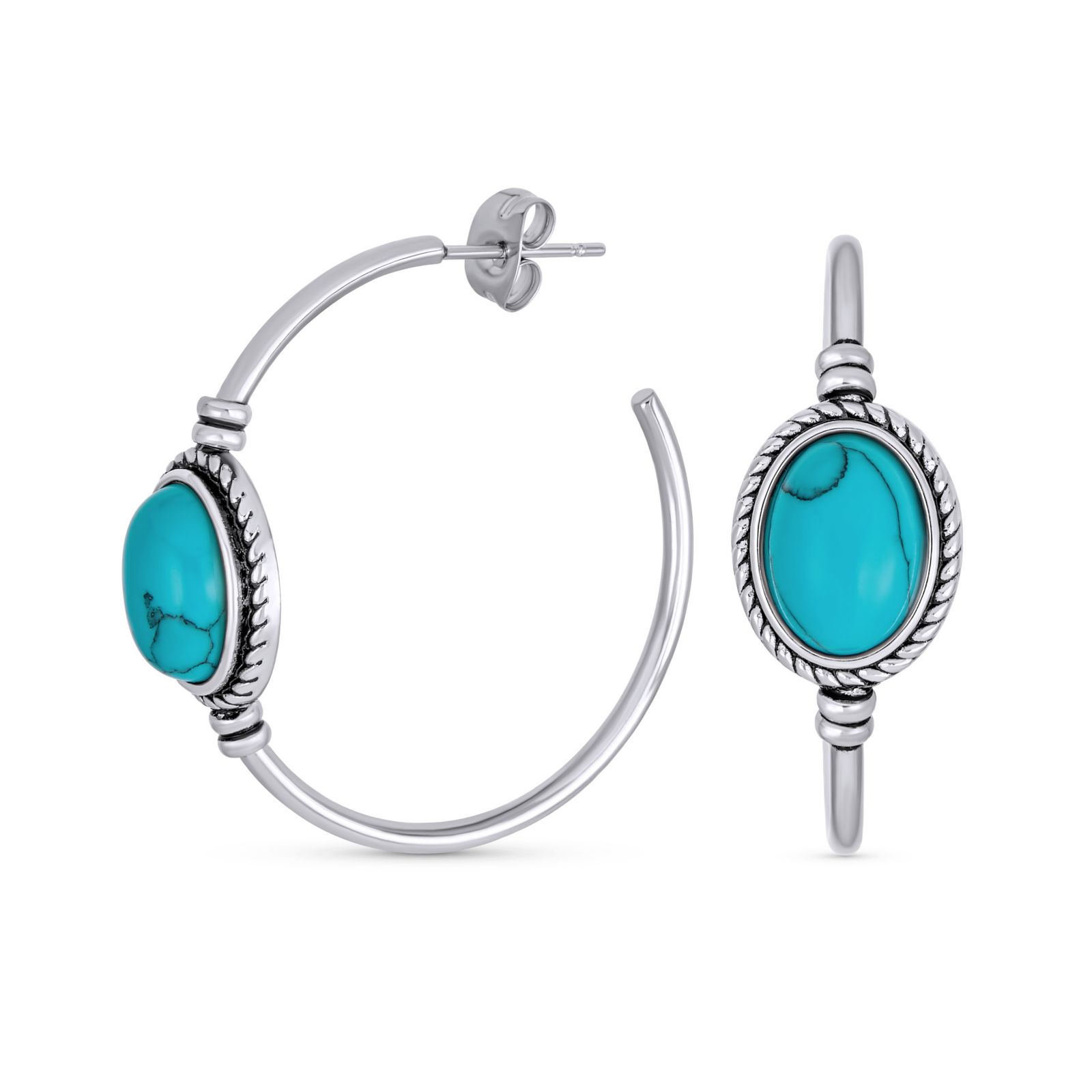 Серьги-кольца Bling Jewelry Western Style Turquoise Silver Tone Stainless Steel 1.25"