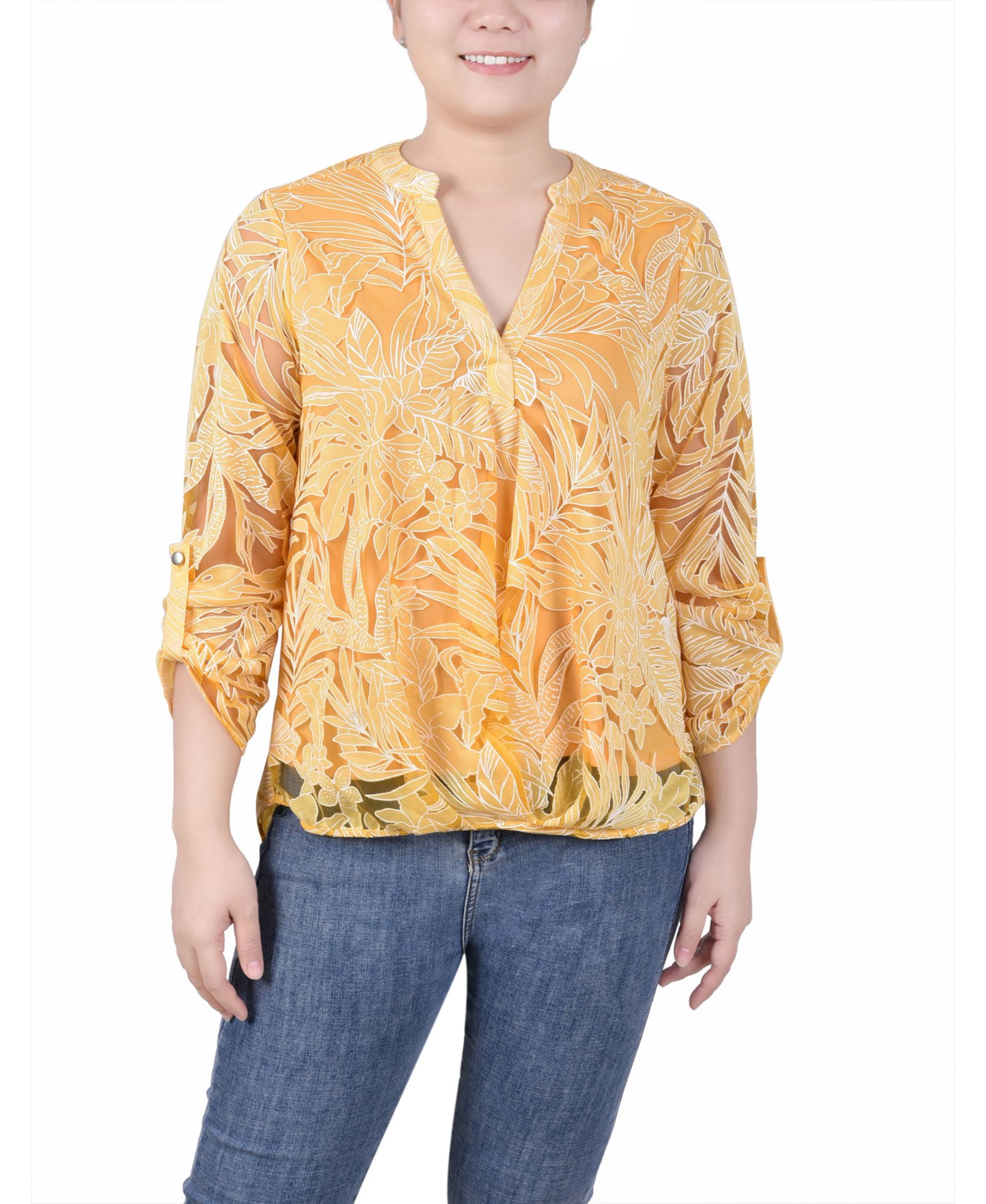 NY Collection Women's Long Sleeve Burnout Y-neck Blouse