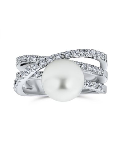 Bling Jewelry White Faux Pearl Criss Cross Cocktail Statement Ring CZ Band Silver Plated