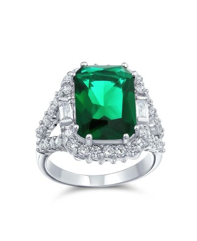 Bling Jewelry Classic Elegant 7CT CZ Green Emerald Cut Cocktail Statement Ring Rhodium