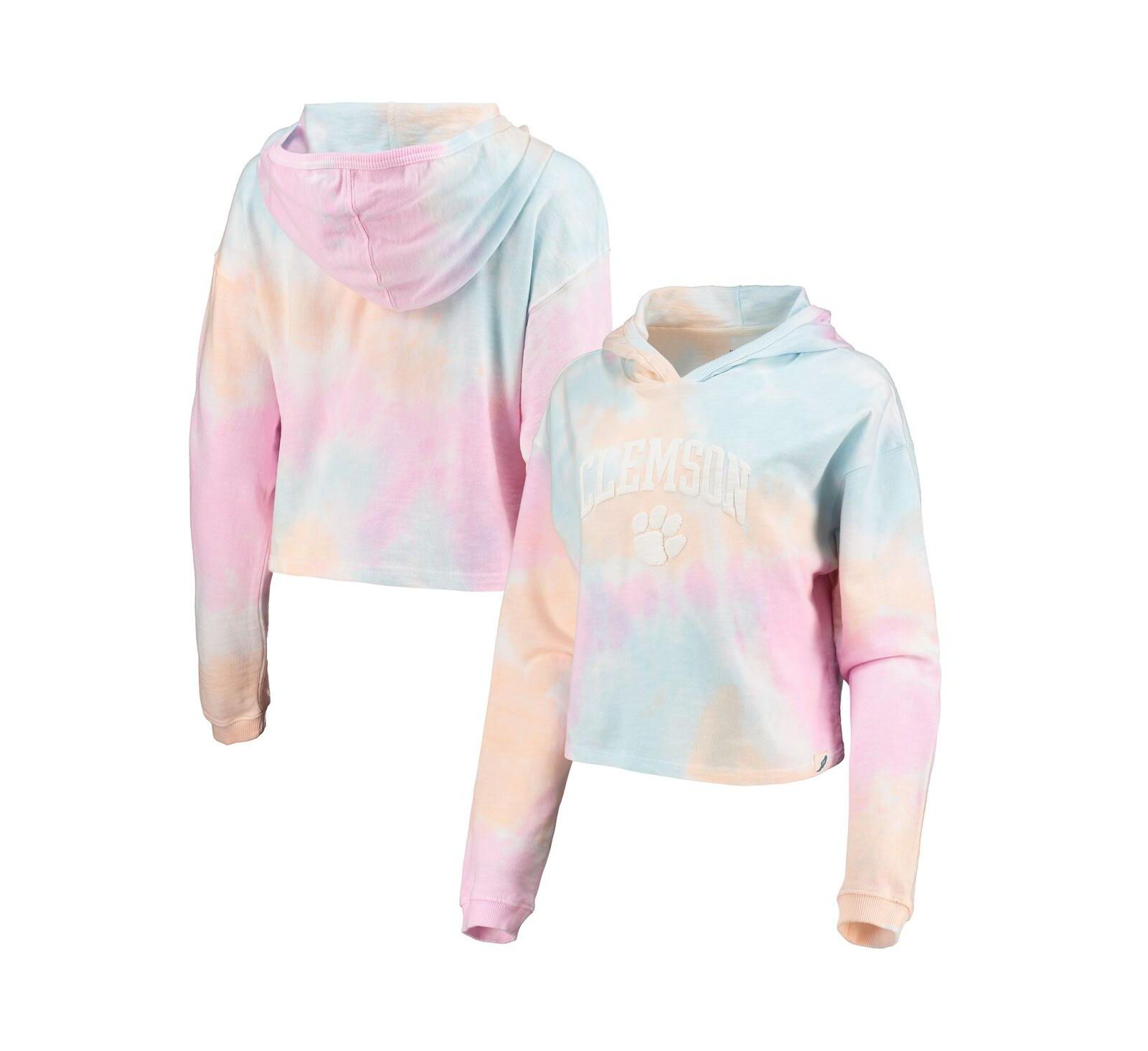 Женское укороченное худи League Collegiate Wear Pink, White Clemson Tigers Tie-Dye Cropped Pullover