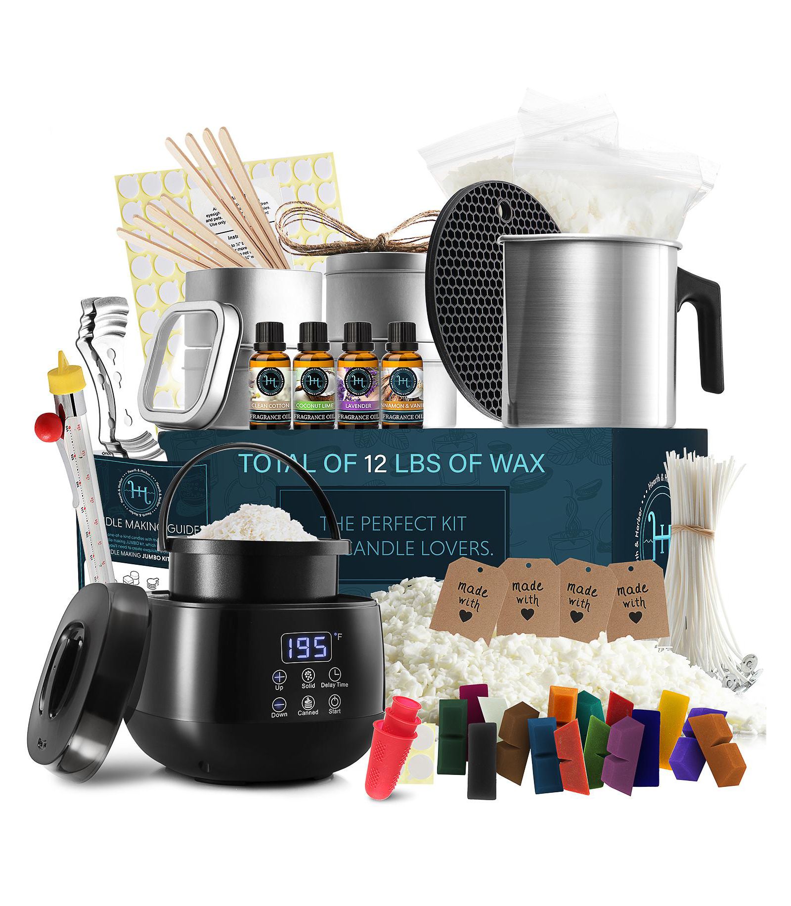 Hearth & Harbor Complete DIY Candle Making Kit for Adults & Kids - 12 Lb. Soy Wax & Electric Melting Pot