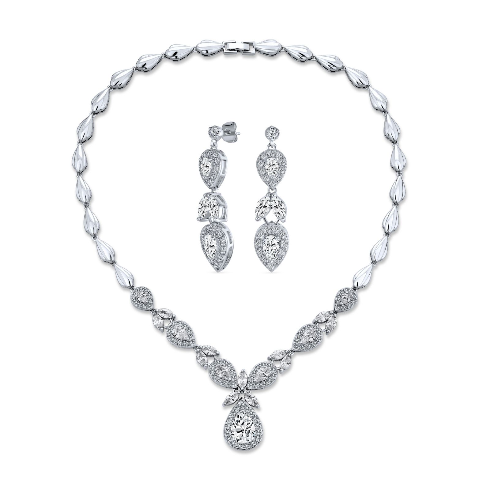 Bling Jewelry Vintage Marquise Leaf CZ Statement Necklace and Drop Earrings Jewelry Set