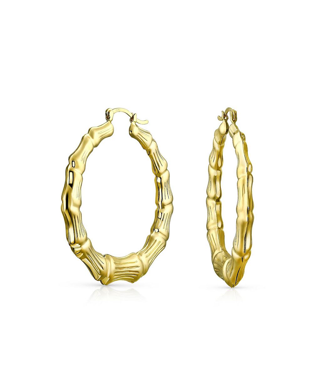 Серьги-кольца Bling Jewelry из полых бамбуковых колец с напылением Yellow Gold, диаметр 2 Inch