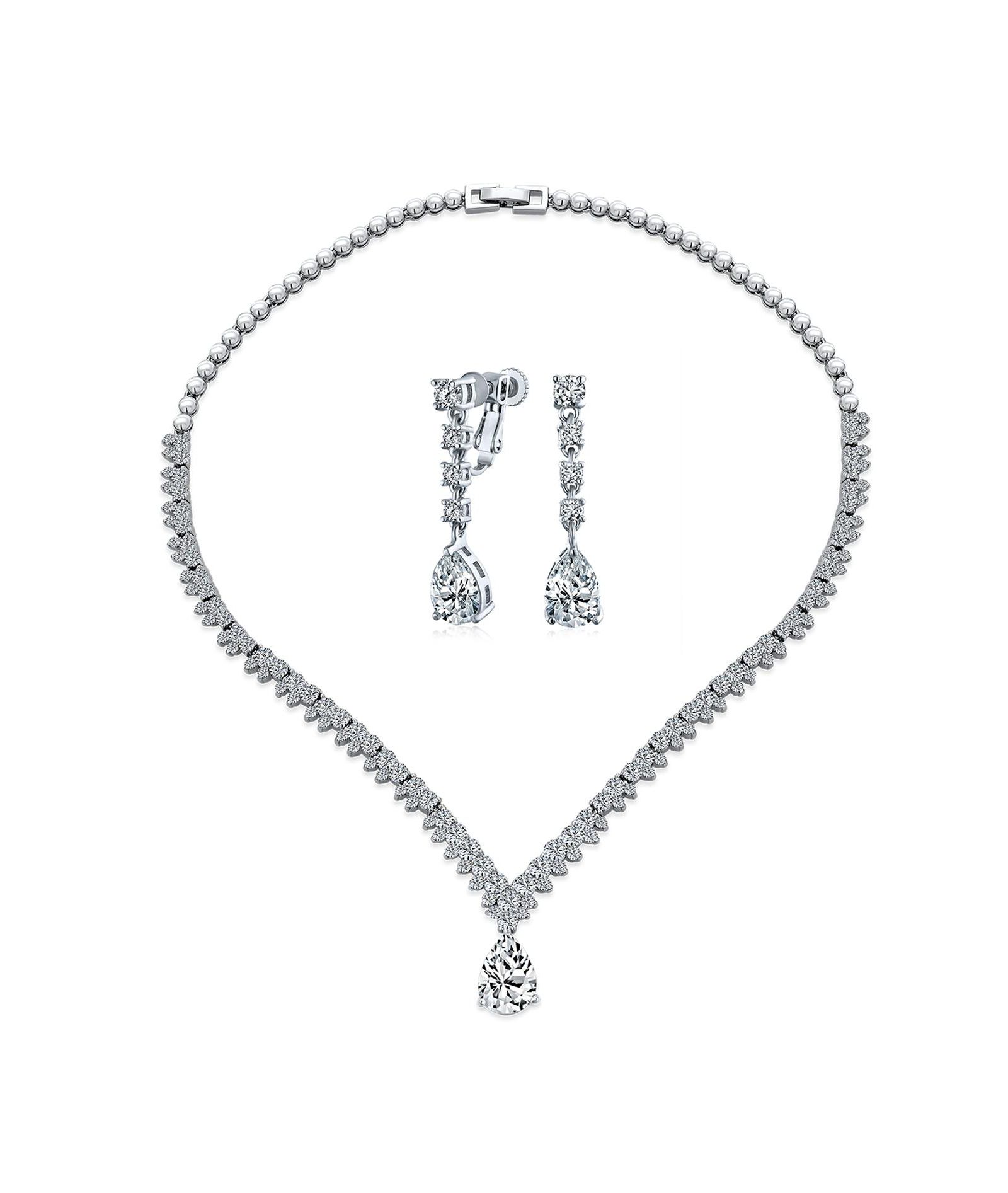 Комплект украшений Bling Jewelry: серебристое ожерелье с каплевидным кулоном и серьги-клипсы, фианиты