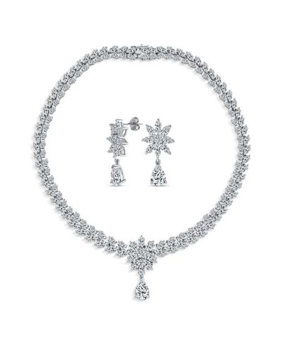 Bling Jewelry Art Deco Marquise Leaf CZ Collar Necklace and Chandelier Earrings Jewelry Set
