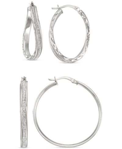 2-Pc. Set Wavy & Round Glitter Hoop Earrings in Sterling Silver