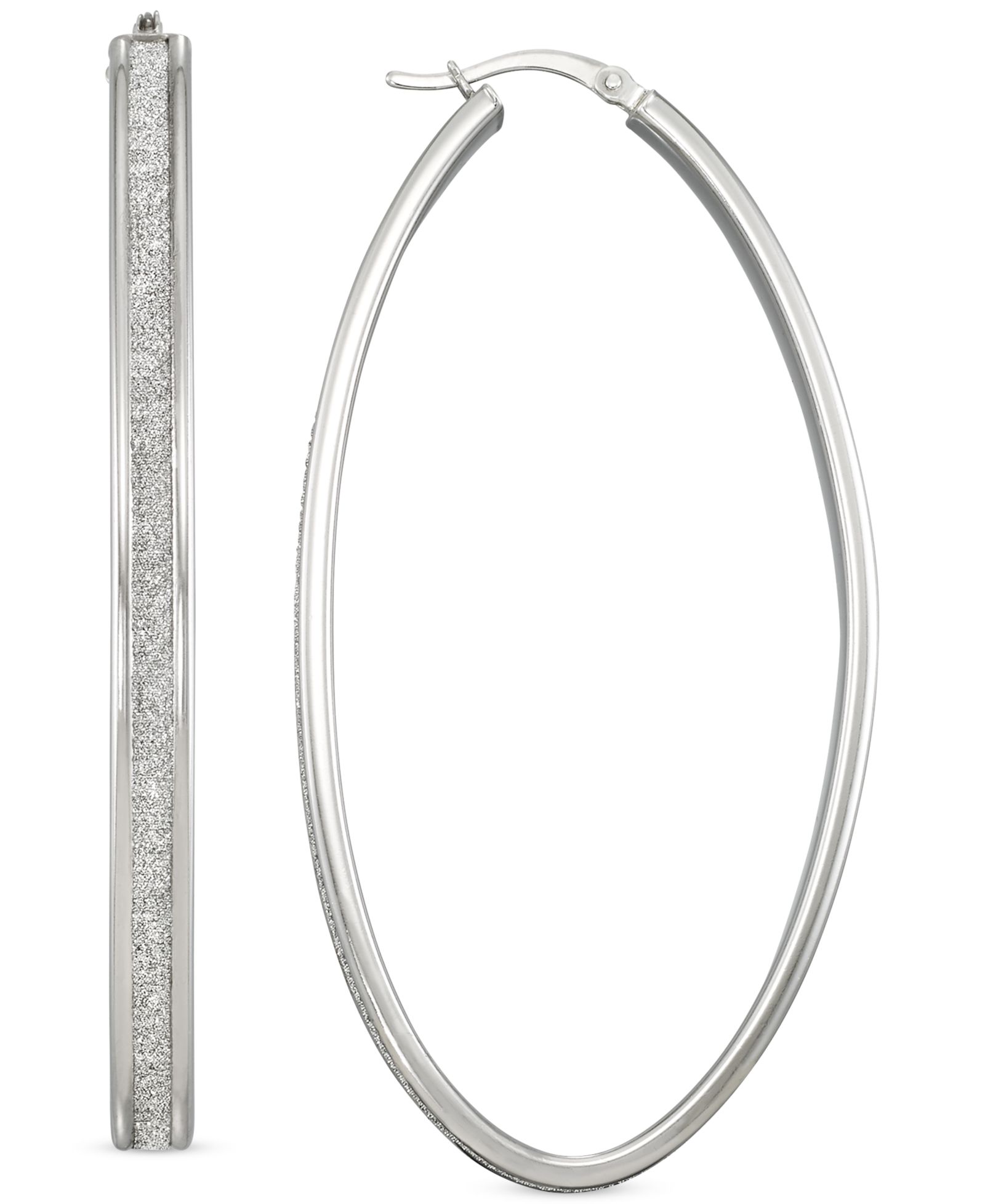 Glitter Oval-Shape Hoop Earrings in Sterling Silver