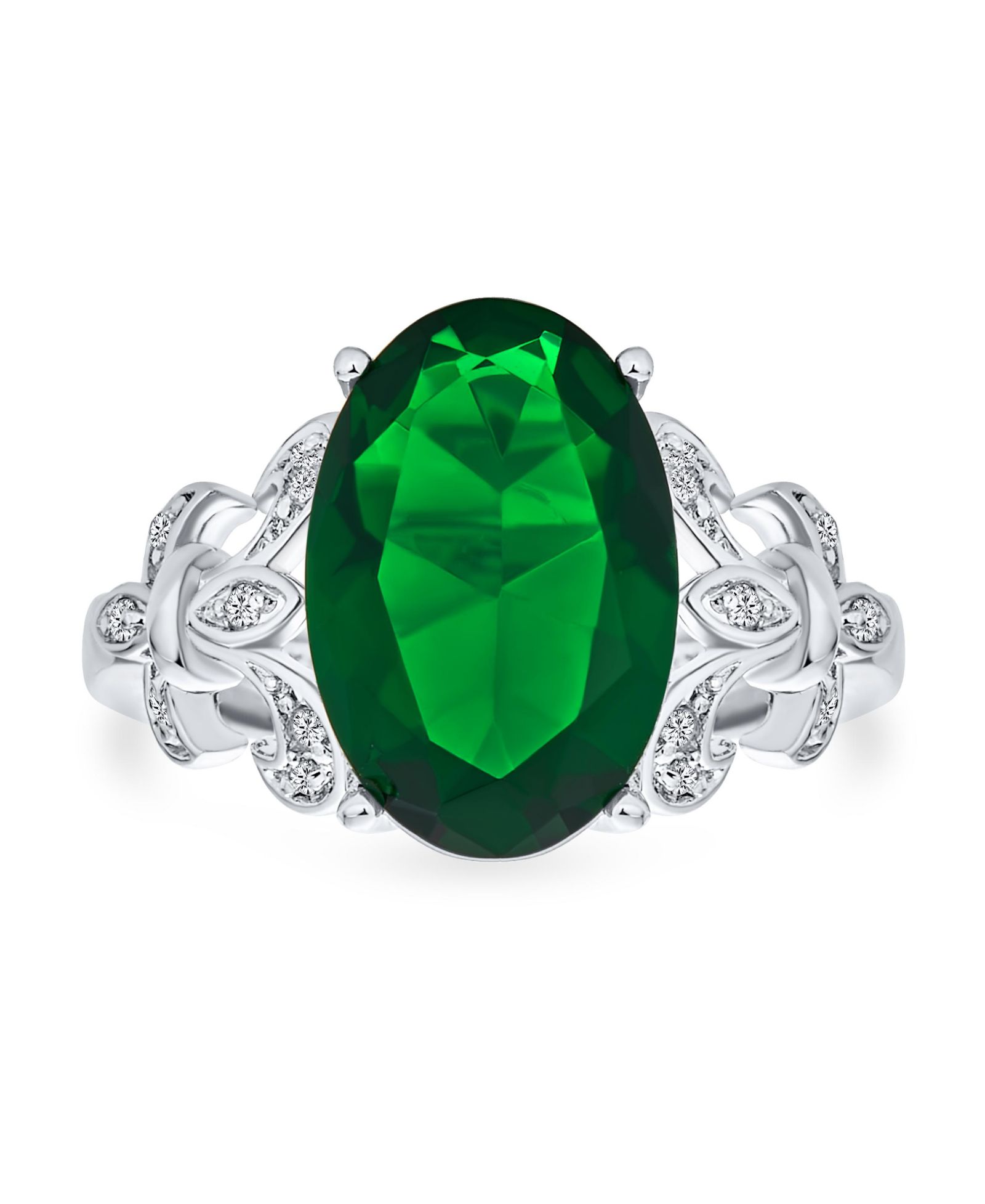 Коктейльное кольцо Bling Jewelry Fleur De Lis Setting CZ Green Oval Solitaire 7CT Statement