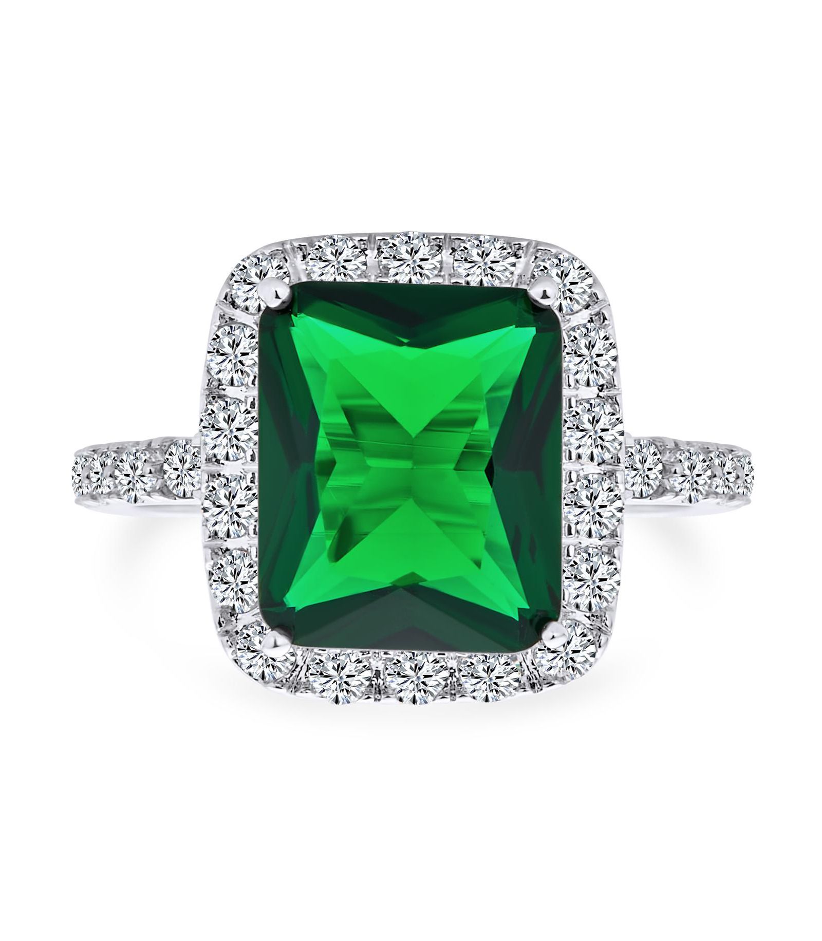 Кольцо Bling Jewelry классическое, изумрудной огранки, с зеленым цирконием в ореоле, родированное, 10 карат