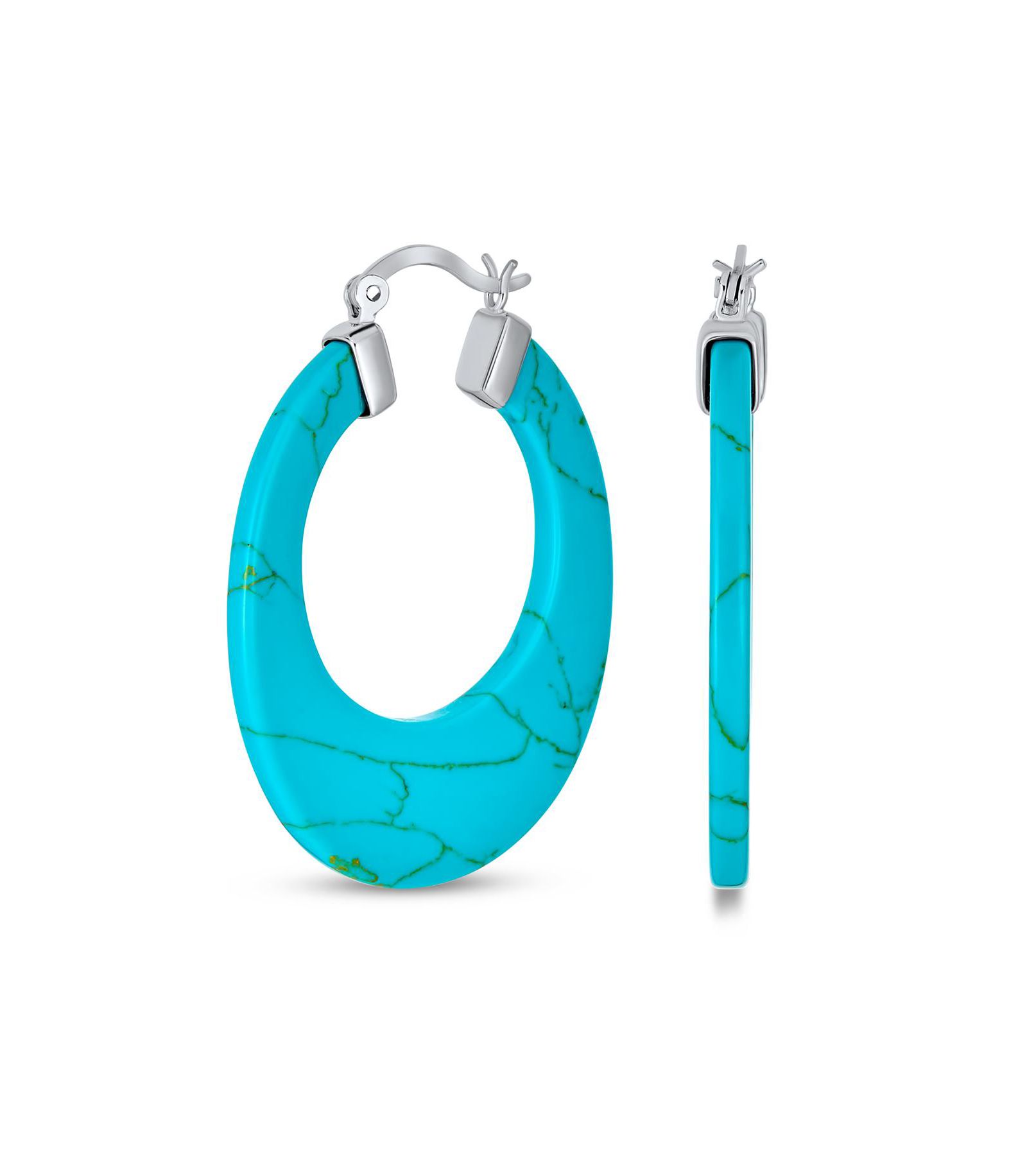 Bling Jewelry Large Flat Oval Turquoise Hoop Earrings .925 Sterling Silver 1.5"