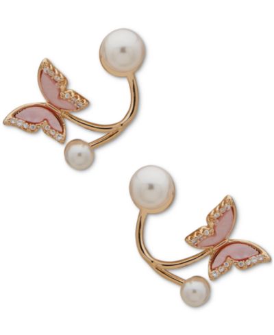 Серьги lonna & lilly Gold-Tone Pavé Pink Butterfly & Imitation Pearl Drop