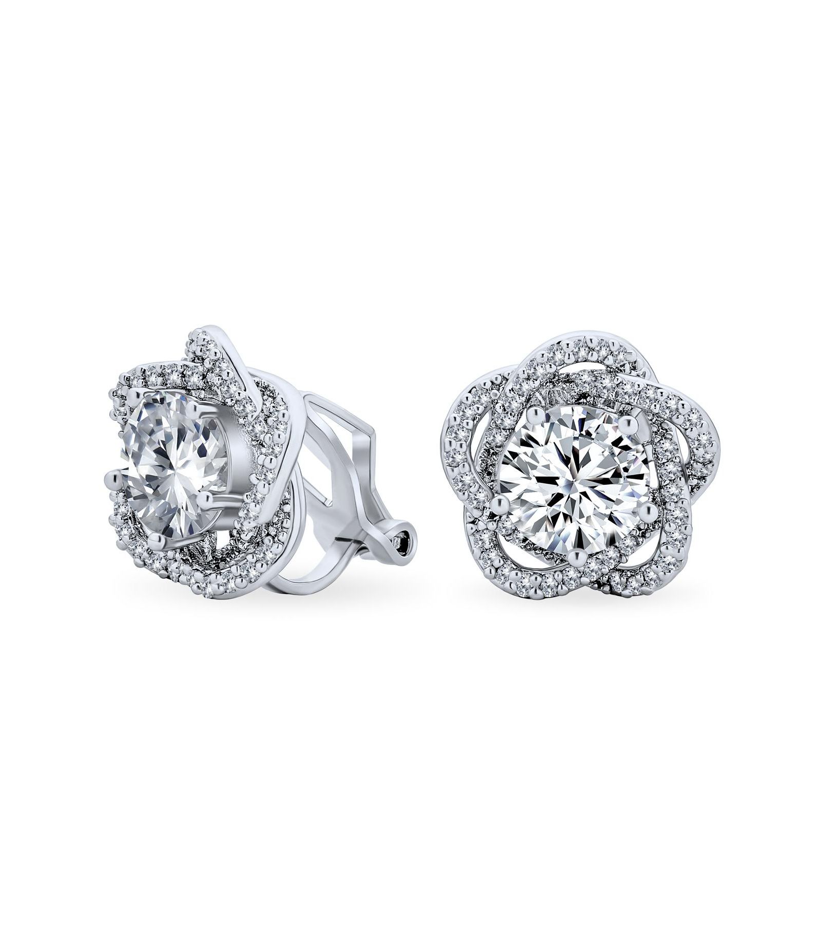 Серьги-клипсы Bling Jewelry Pave CZ Halo 3D Flower Rose, с напылением Rhodium