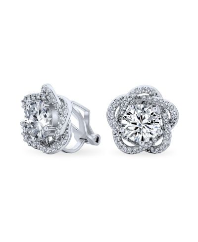 Серьги-клипсы Bling Jewelry Pave CZ Halo 3D Flower Rose, с напылением Rhodium