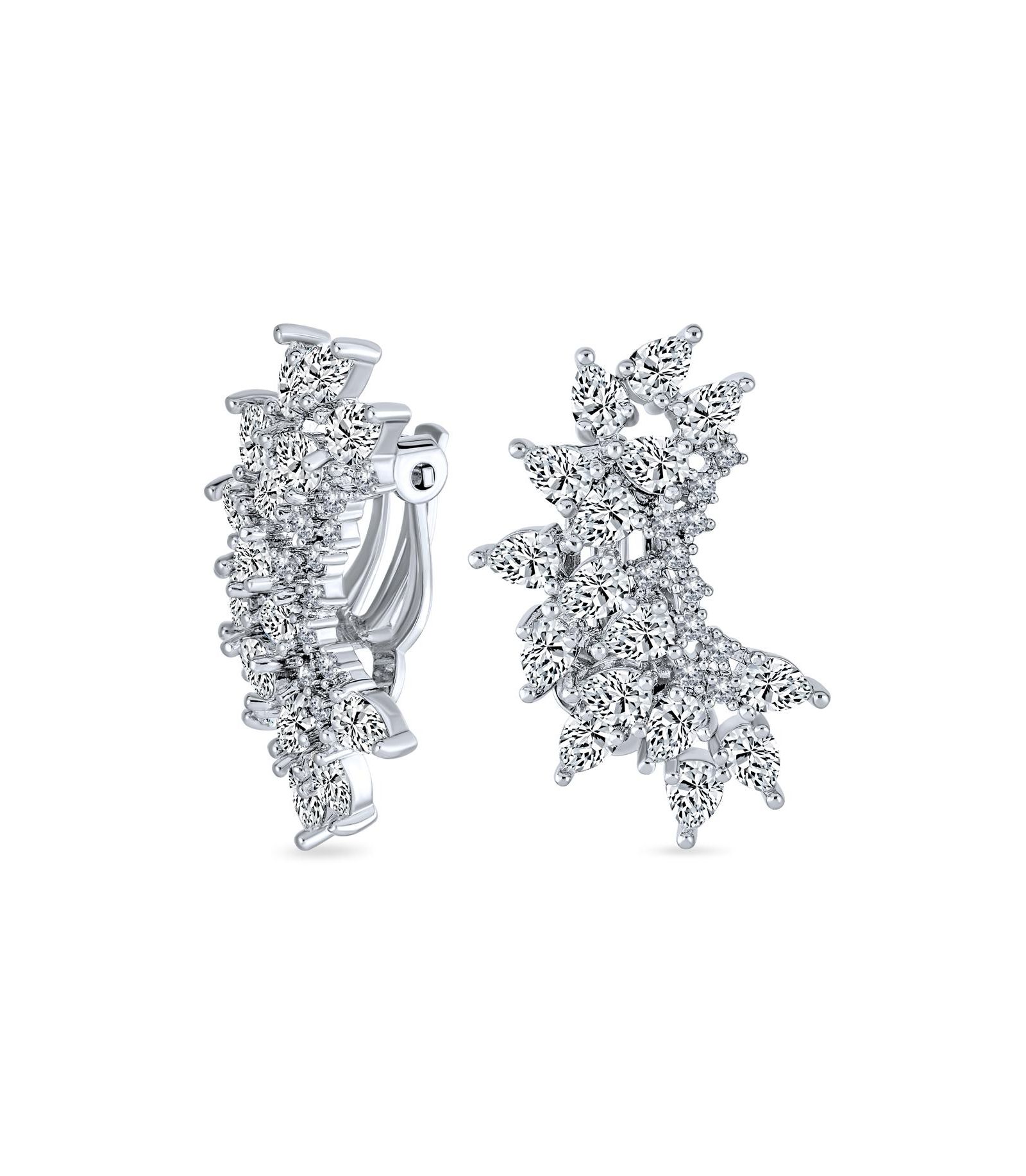 Bling Jewelry серьги клипсы с каплевидными камнями CZ и листьями, родированное покрытие