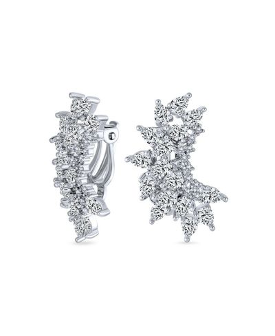 Bling Jewelry серьги клипсы с каплевидными камнями CZ и листьями, родированное покрытие