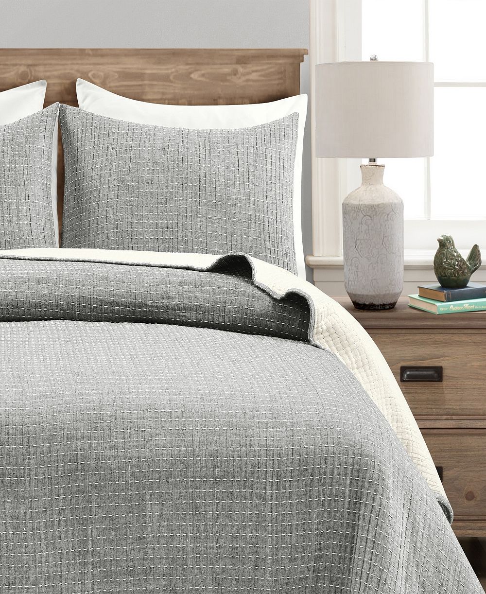 Lush Décor Solid Kantha Pick Stitch Yarn Dyed Cotton Woven 3-Piece Quilt Set, Full/Queen