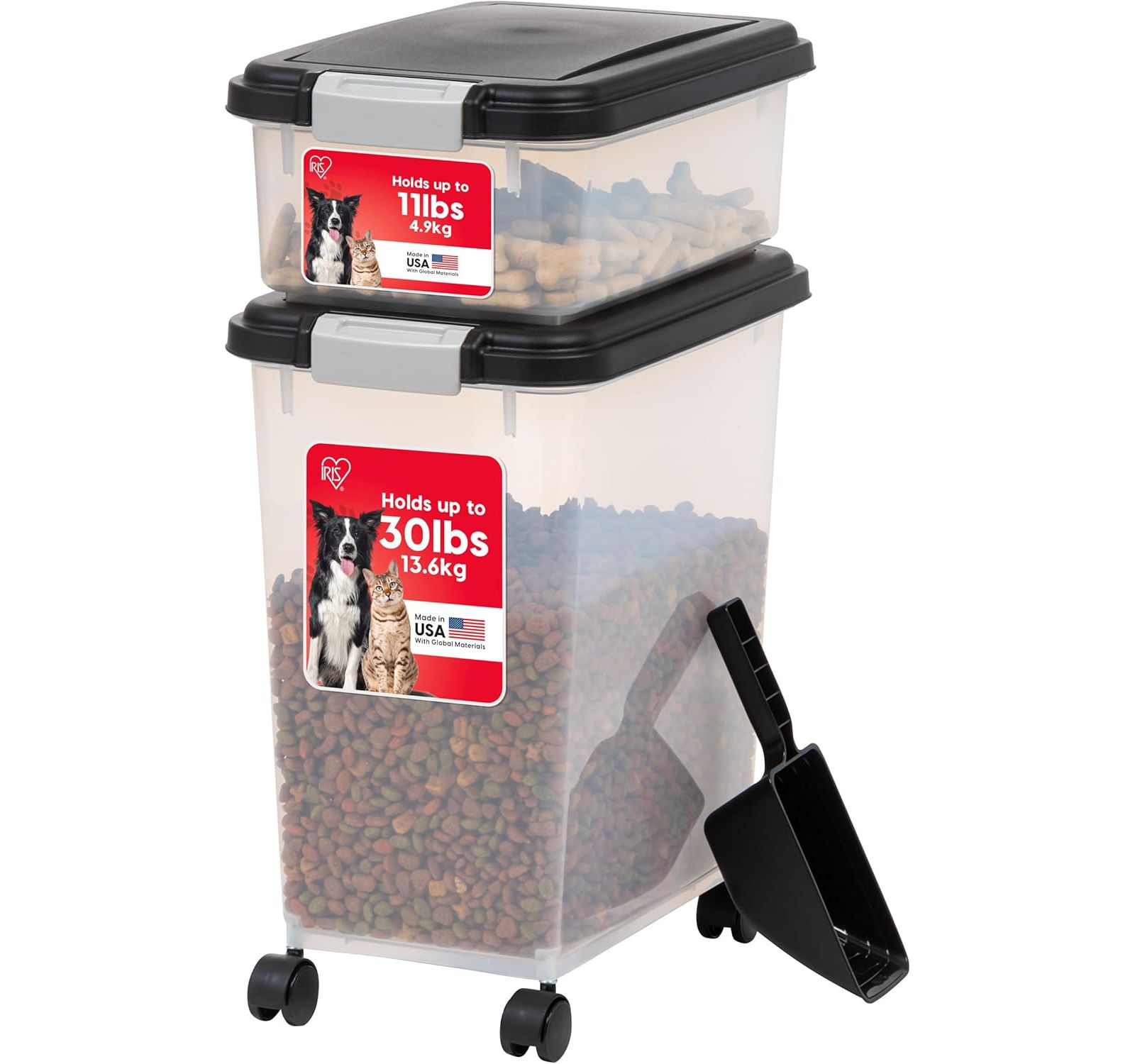 Контейнер для хранения корма для собак IRIS, 30 Lbs и 11 Lbs, 2-Cup scoop, черный